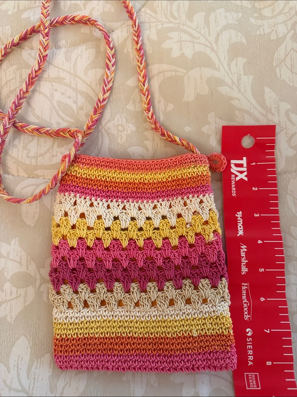 Xhilaration Pink Yellow Cream Striped Crochet Crossbody Pouch